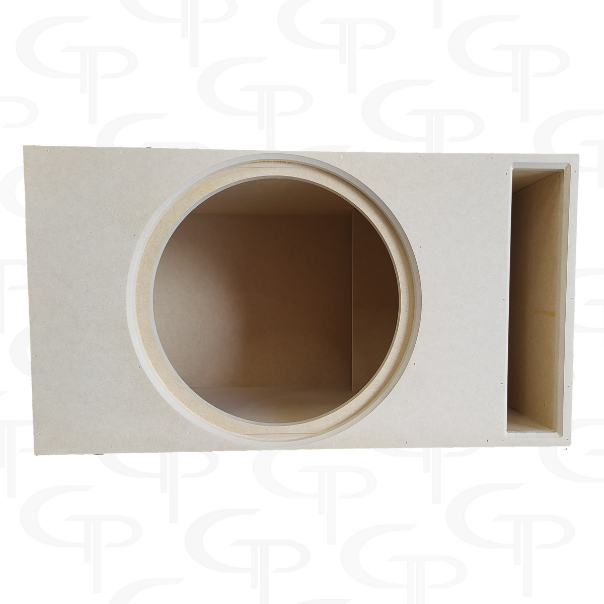 Front view of an empty subwoofer enclosure showing its round cutout, recessed mounting lip and vertical slot port