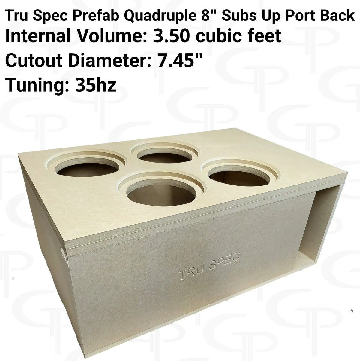 TRU SPEC quad 8-inch subs-up enclosure graphic: 3.50 cubic feet, 7.45-inch cutouts and 35 Hz tuning