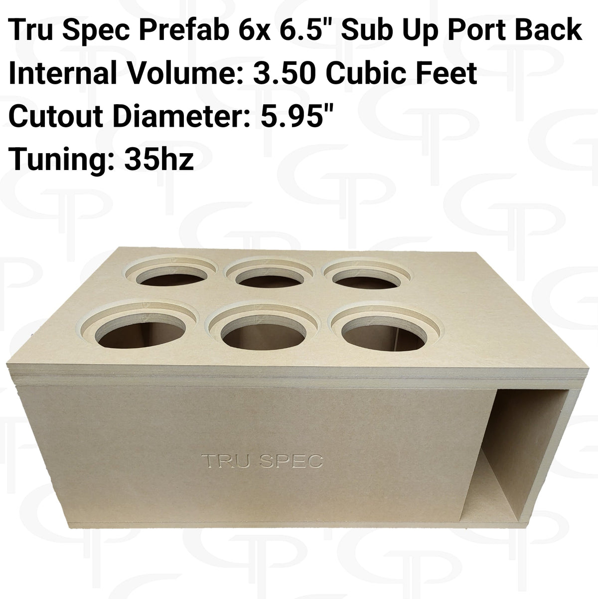 TRU SPEC six-6.5-inch enclosure graphic showing six top cutouts, a rear port and printed specifications