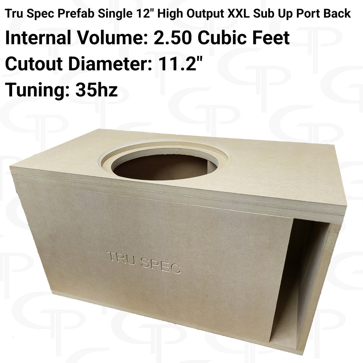 TRU SPEC single 12-inch XXL subs-up enclosure graphic: 2.50 cubic feet, 11.2-inch cutout and 35 Hz tuning