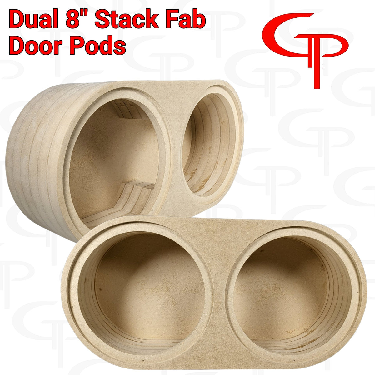 Angled views of two layered dual-opening speaker pods labeled Dual 8-inch Stack Fab Door Pods