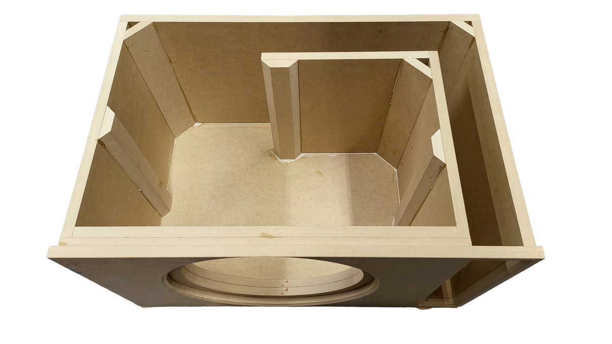 Open-top view of the Tru Spec Sundown U-15 enclosure showing internal bracing and the folded slot-port path