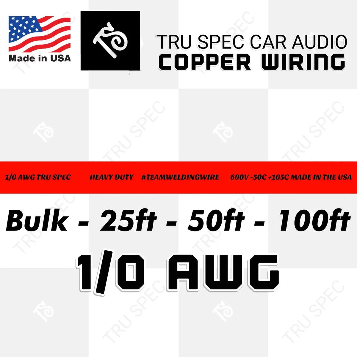 TRU SPEC 1/0 AWG copper wiring graphic showing bulk, 25-foot, 50-foot and 100-foot options