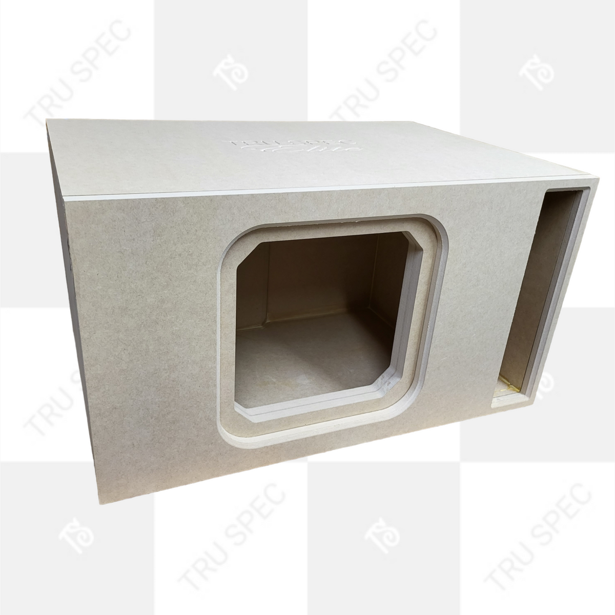 Front angle of a TRU SPEC Elite enclosure with a recessed square speaker opening and vertical slot port