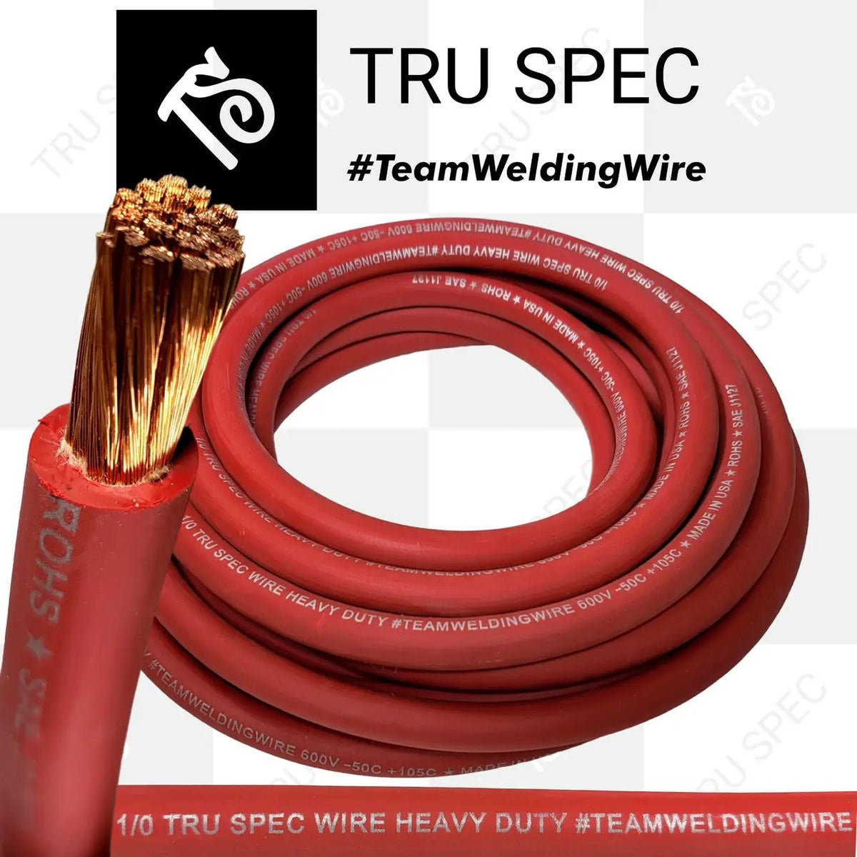 Coil of red TRU SPEC wire with a stripped conductor close-up and visible 1/0 labeling