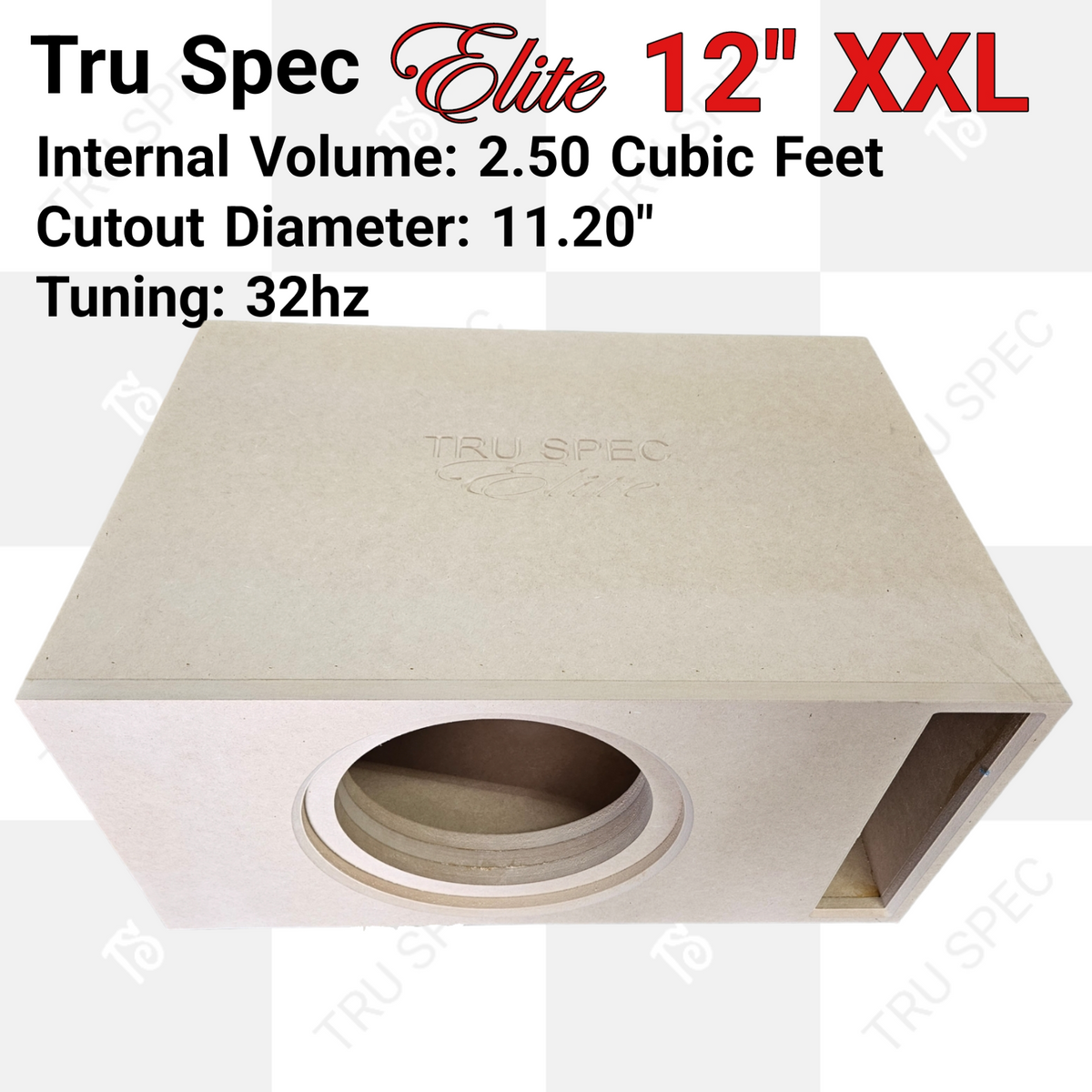 Overhead angle of a TRU SPEC Elite 12-inch XXL enclosure with a round front cutout, slot port and printed specifications