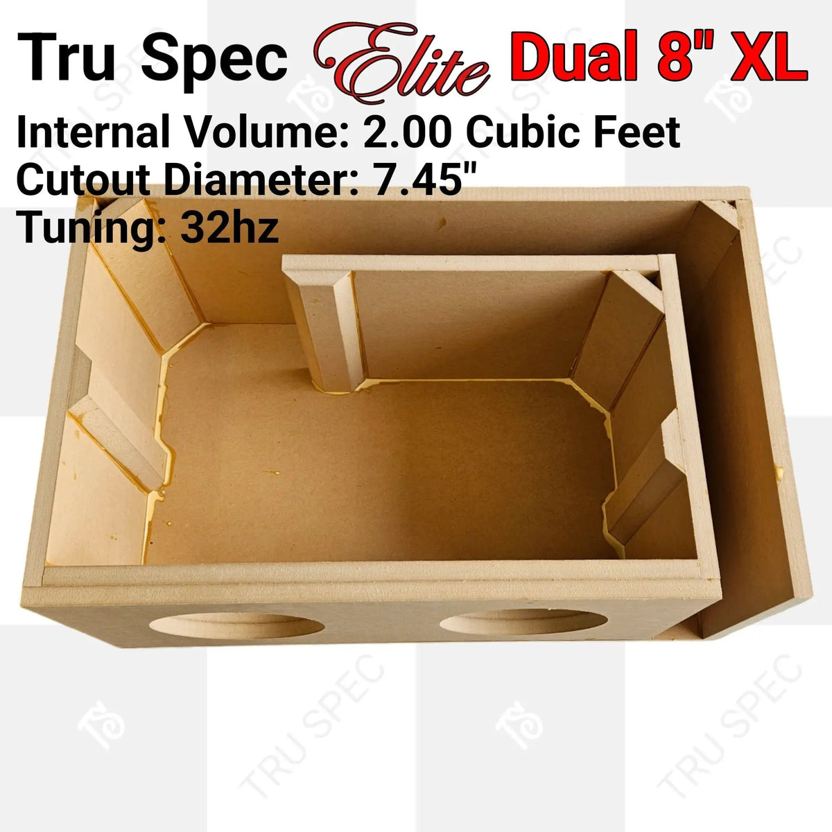 Open-top view of the Tru Spec Elite Dual 8 XL enclosure showing its internal bracing and folded slot-port path