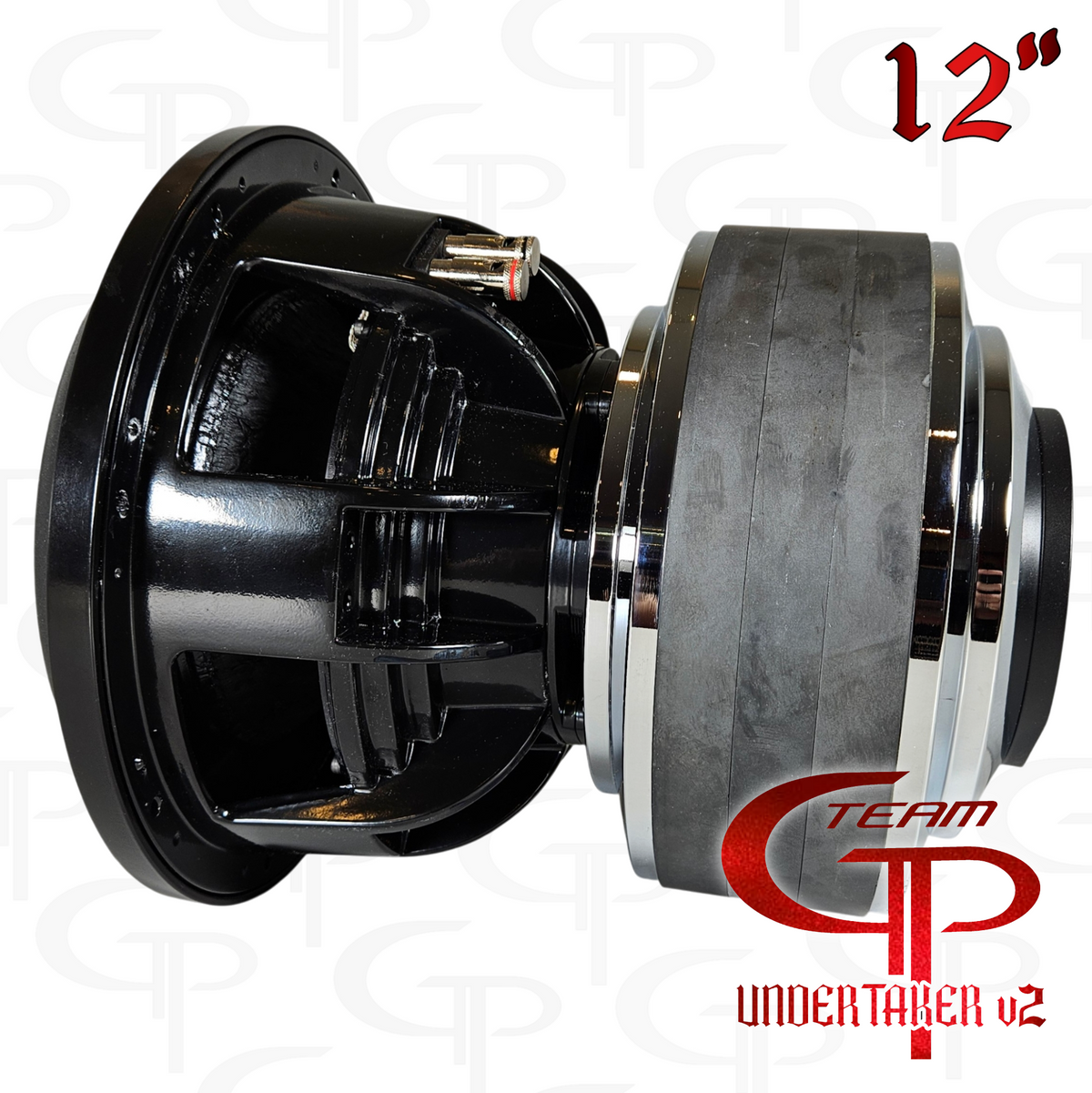 Team GP Undertaker v2 12-inch subwoofer side profile with black basket and silver magnet assembly