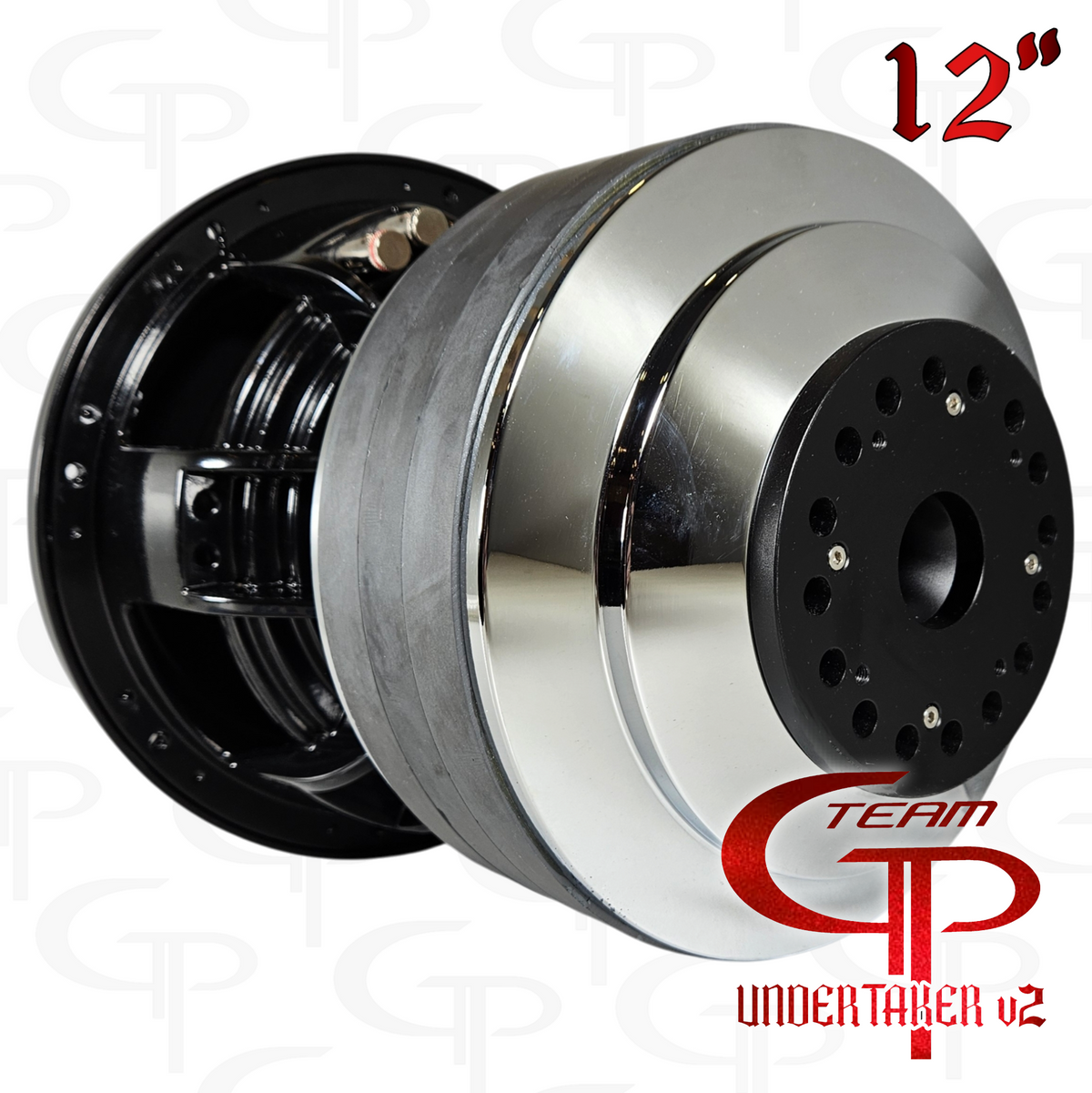 Team GP Undertaker v2 12-inch subwoofer rear view showing the center vent and circular vent holes