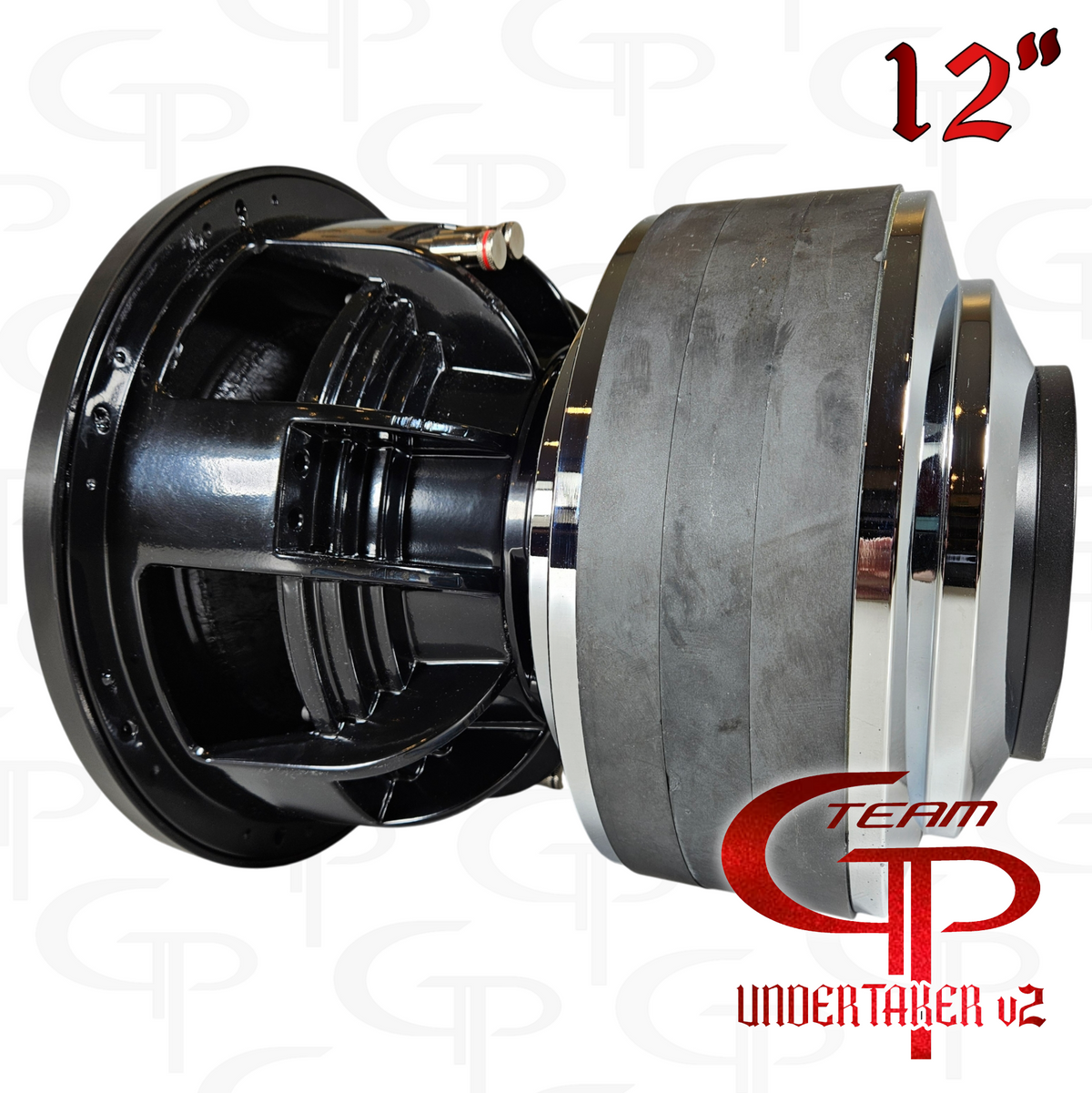 Team GP Undertaker v2 12-inch subwoofer angled side view of the basket, terminals and magnet