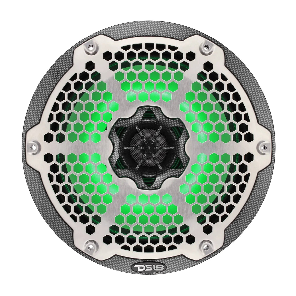 Front view of a carbon-fiber-pattern DS18 speaker with silver honeycomb grille and green illumination