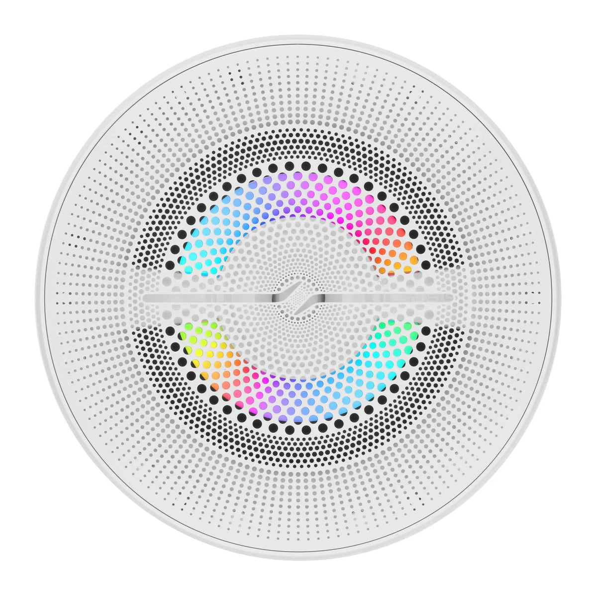 Front view of a white mesh-grille DS18 speaker with multicolor illumination around the center