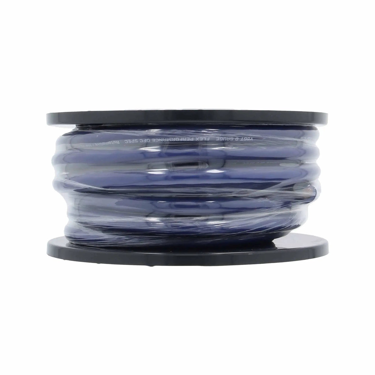 Side view of blue cable wound on a black spool and covered with clear wrapping