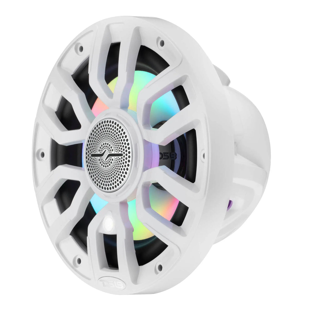 Angled front view of a white DS18 speaker with a central tweeter and multicolor lighting