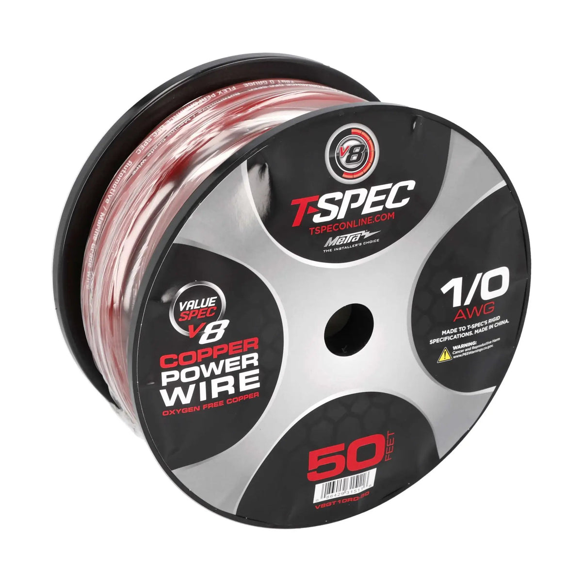 T-Spec V8GT10RD-50 1/0 AWG OFC Power Wire - Red - 50 ft Spool