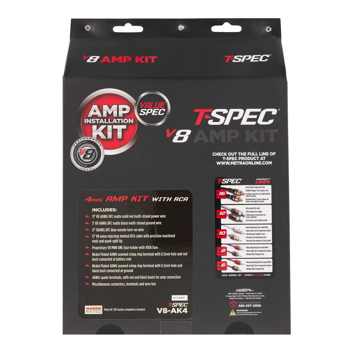 Back of T-Spec V8-AK4 amplifier-kit packaging listing the 4 AWG kit contents