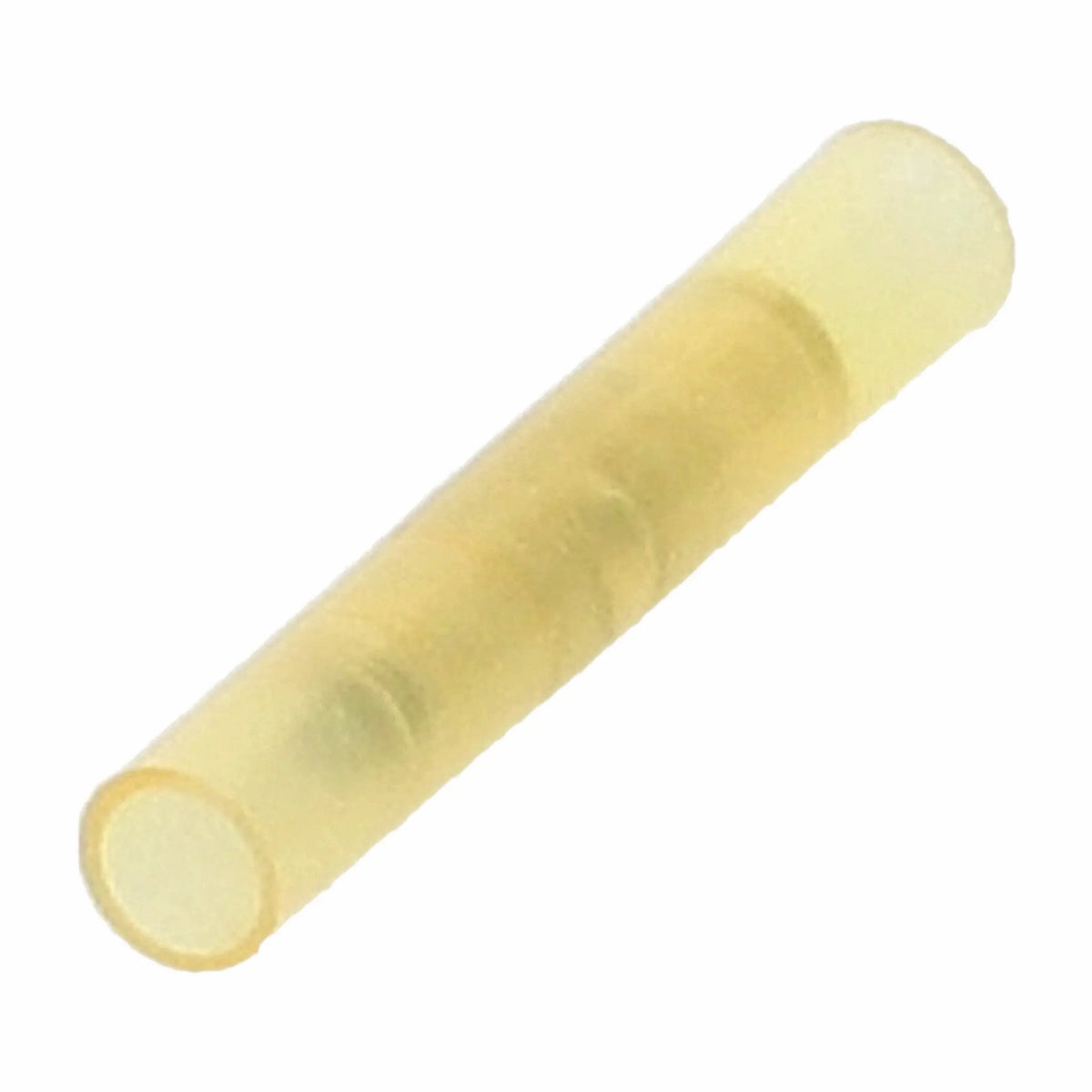 Angled close-up of a translucent yellow insulated butt connector with its metal sleeve visible