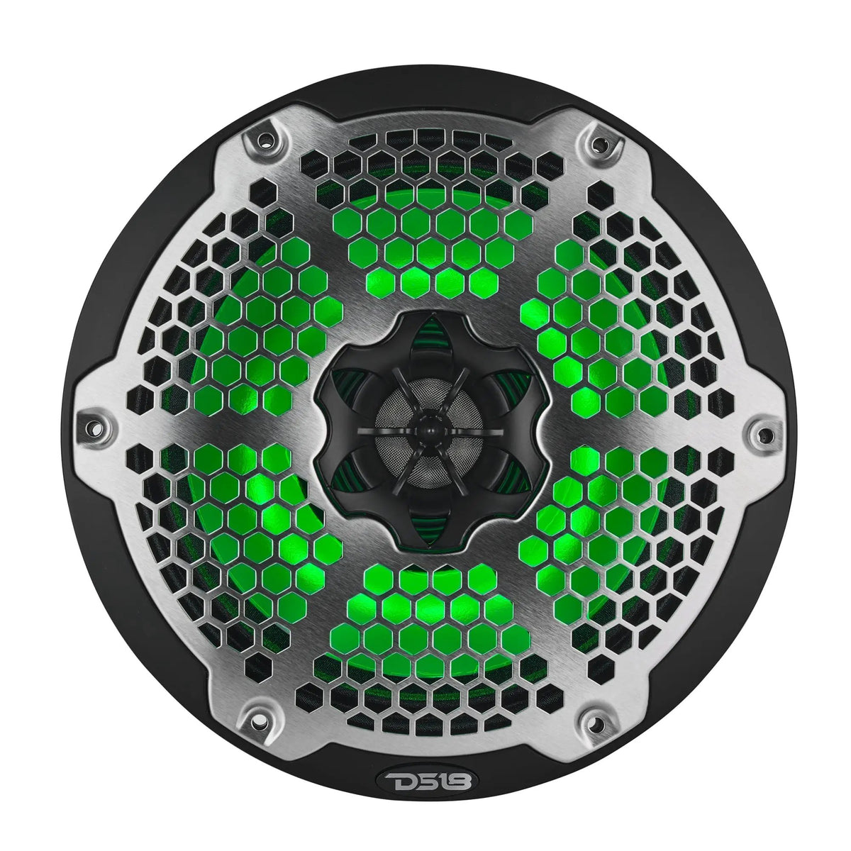 Black DS18 speaker with a silver honeycomb grille and green illumination, front view