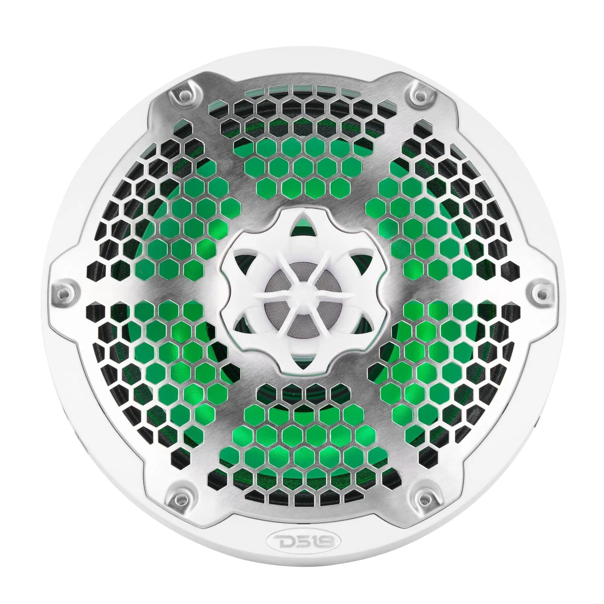 White DS18 speaker with a silver honeycomb grille and green illumination, front view