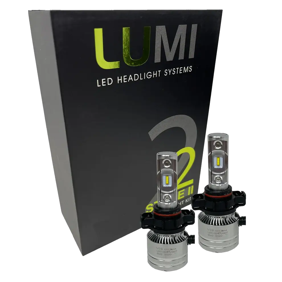 Two LUMI Stage 2 5202 LED Headlight Bulbs from Lumi are shown in front of a black box labeled “LUMI LED Headlight Systems Stage II Smart Kit†on a plain background, delivering powerful 6000K illumination.