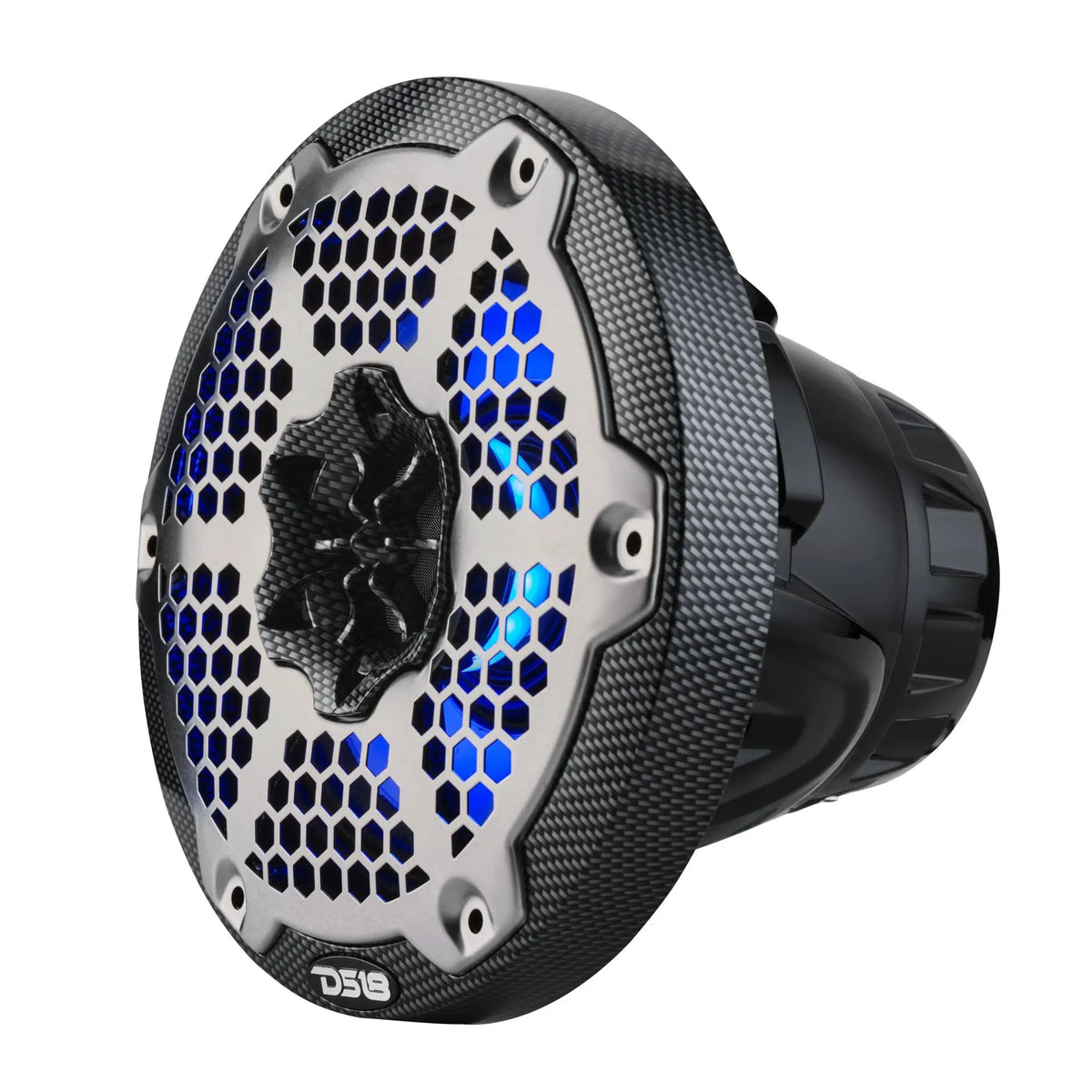 Angled front view of a carbon-fiber-patterned DS18 speaker with a silver grille and blue lighting