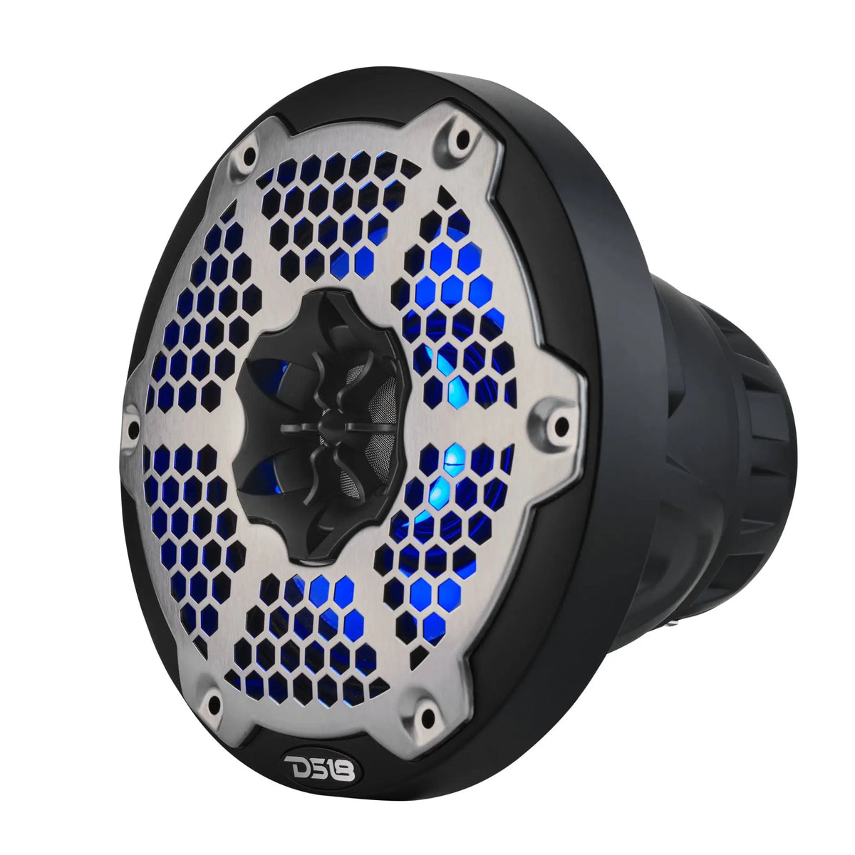 Angled front view of a black DS18 speaker with a silver honeycomb grille and blue lighting