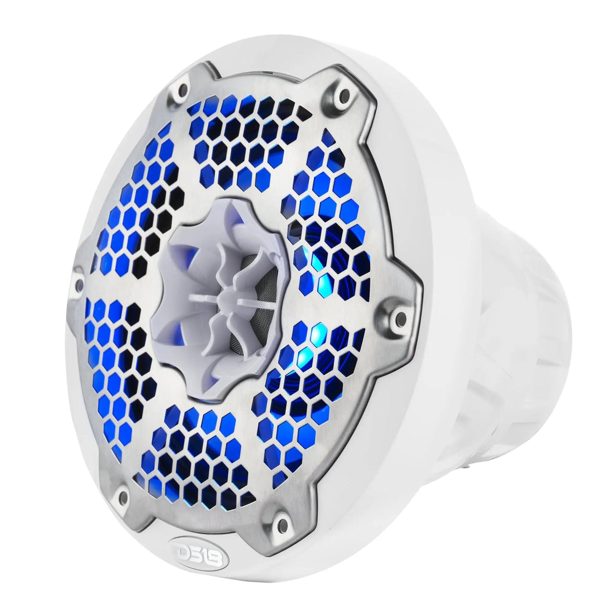Angled front view of a white DS18 speaker with a silver honeycomb grille and blue lighting