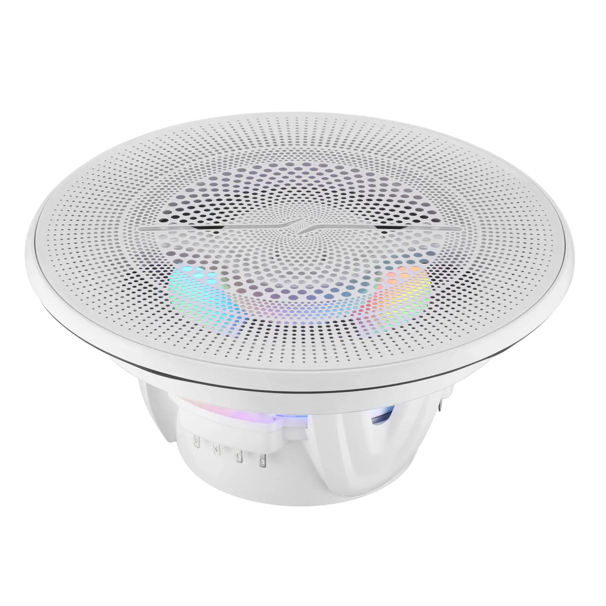 White DS18 speaker with a mesh grille and multicolored illumination, low angled view