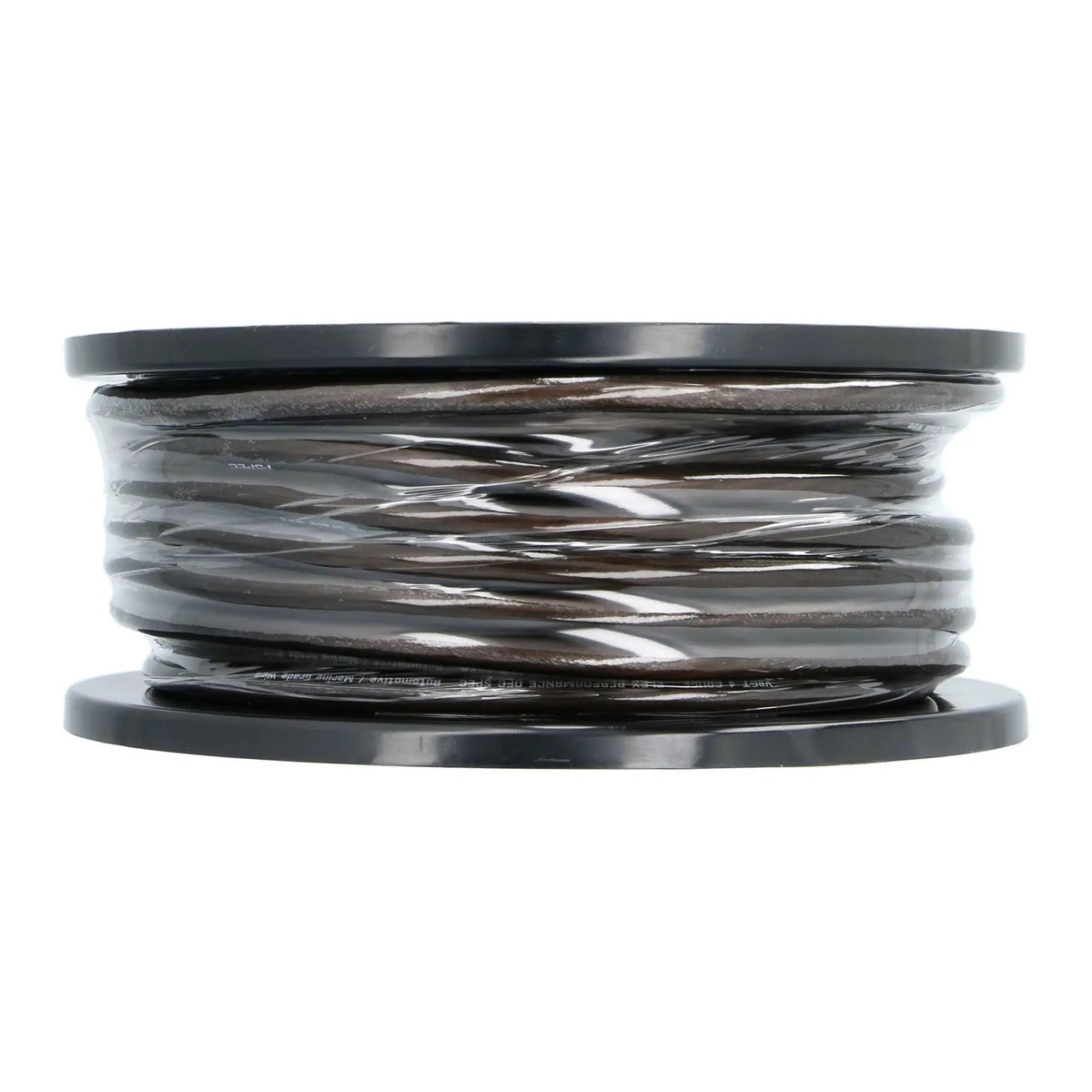 Side view of a black wire spool with translucent outer wrapping