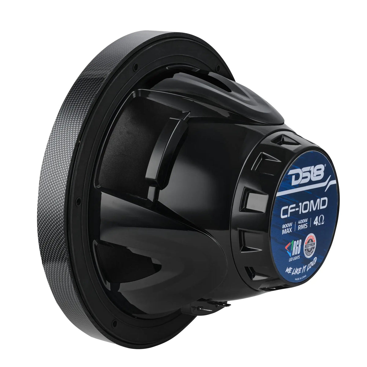 Rear angled view of a DS18 CF-10MD speaker showing its 400W RMS, 4-ohm label and black basket