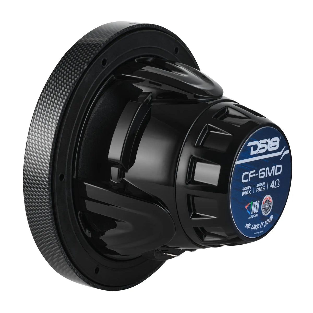 Rear-angle view of a DS18 CF-6MD speaker showing the labeled magnet housing and open black basket
