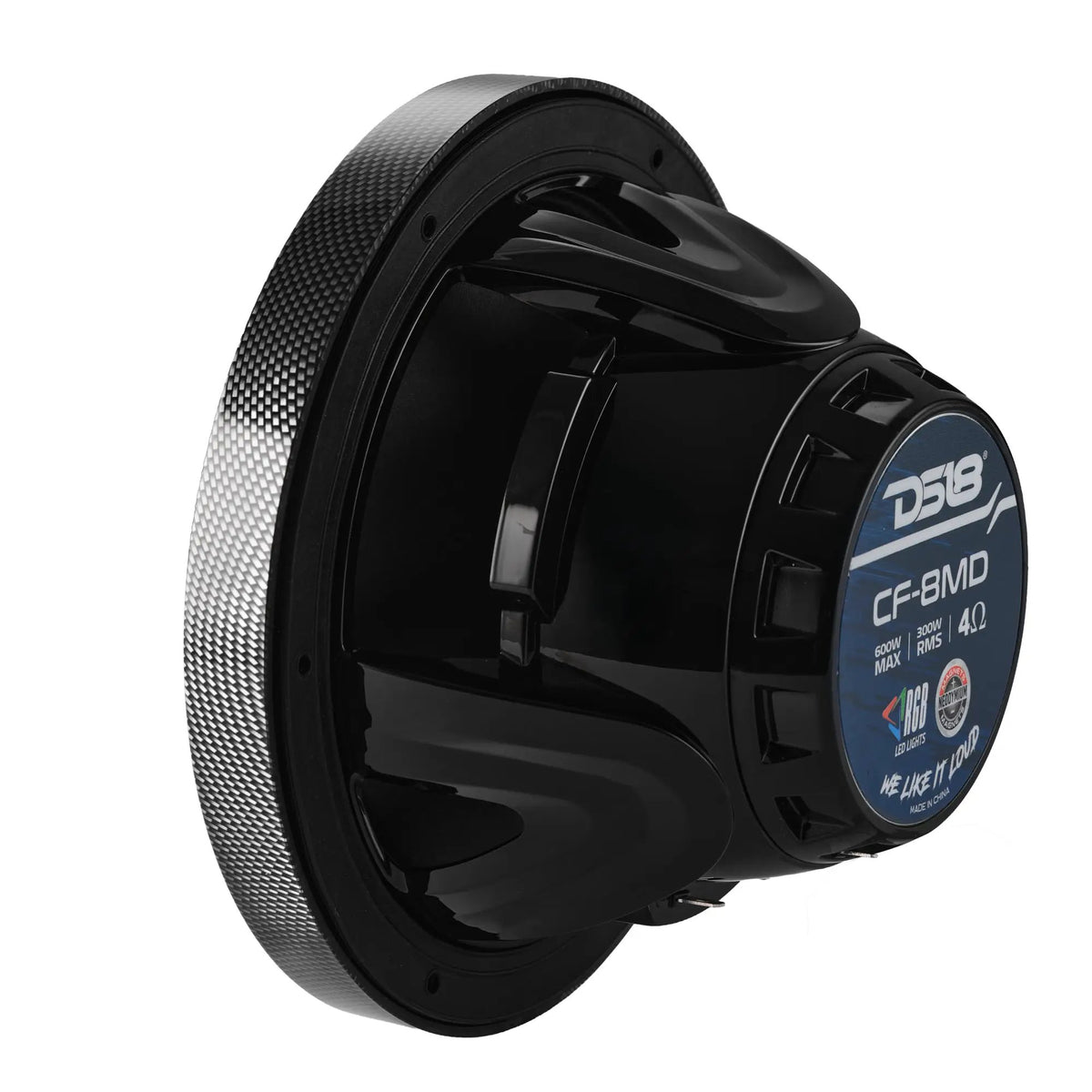 Rear angled view of a DS18 CF-8MD speaker showing its model label, black basket and carbon-fiber-patterned rim