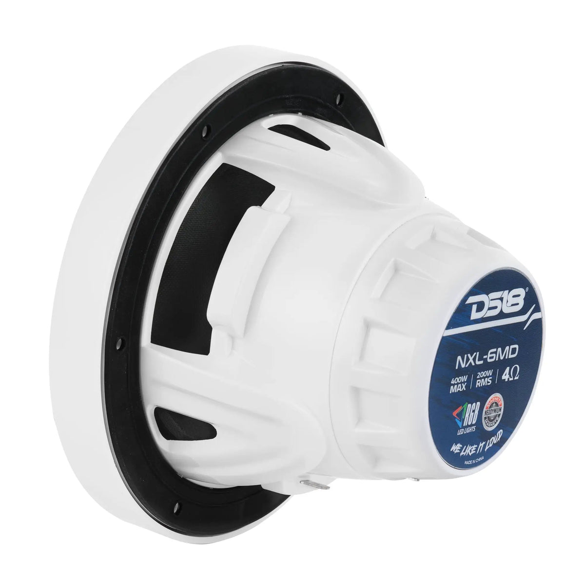 Rear-angle view of a white DS18 NXL-6MD speaker with blue magnet label and open basket
