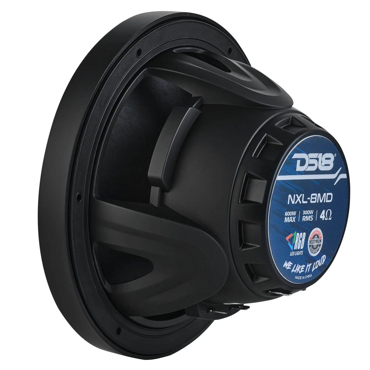 Rear angled view of a black DS18 NXL-8MD speaker showing its 300W RMS, 4-ohm label