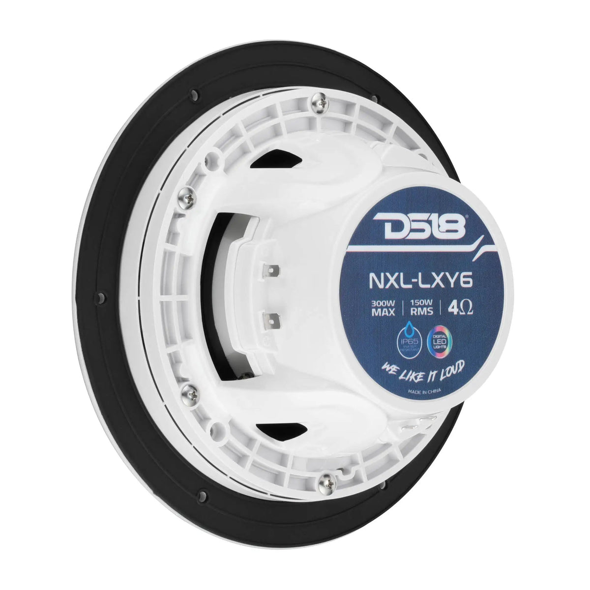 Rear-angle view of a white DS18 NXL-LXY6 speaker showing its labeled magnet housing and basket