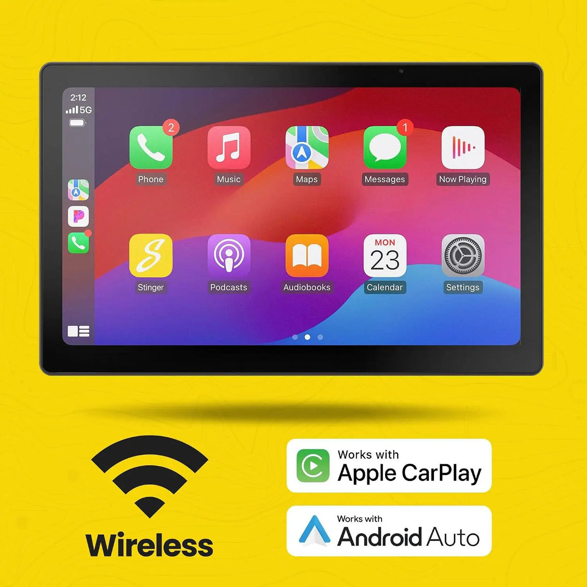 Stinger touchscreen showing Apple CarPlay apps in a graphic advertising wireless CarPlay and Android Auto