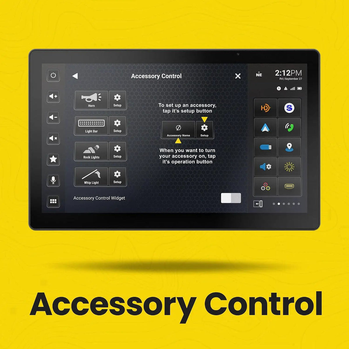 Stinger touchscreen showing the accessory-control menu with customizable accessory buttons