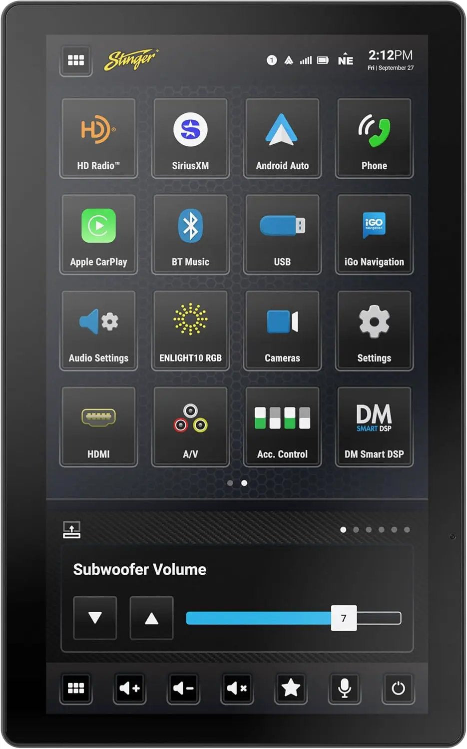 Portrait Stinger touchscreen displaying source icons and a subwoofer-volume widget