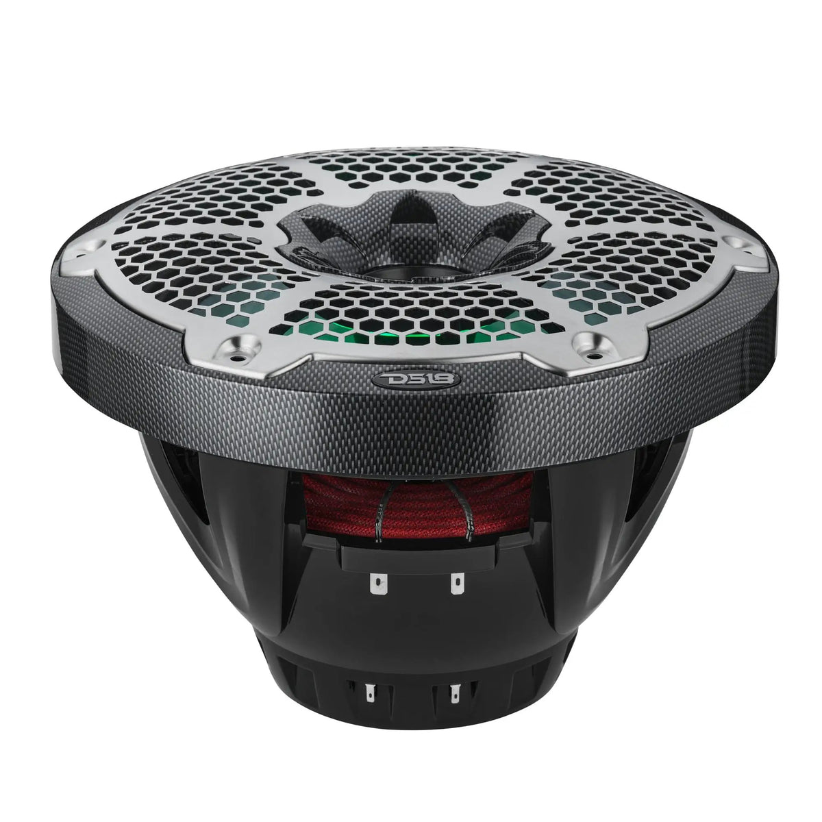 Low-angle view of a carbon-fiber-pattern DS18 speaker showing green-lit grille, red suspension and deep basket