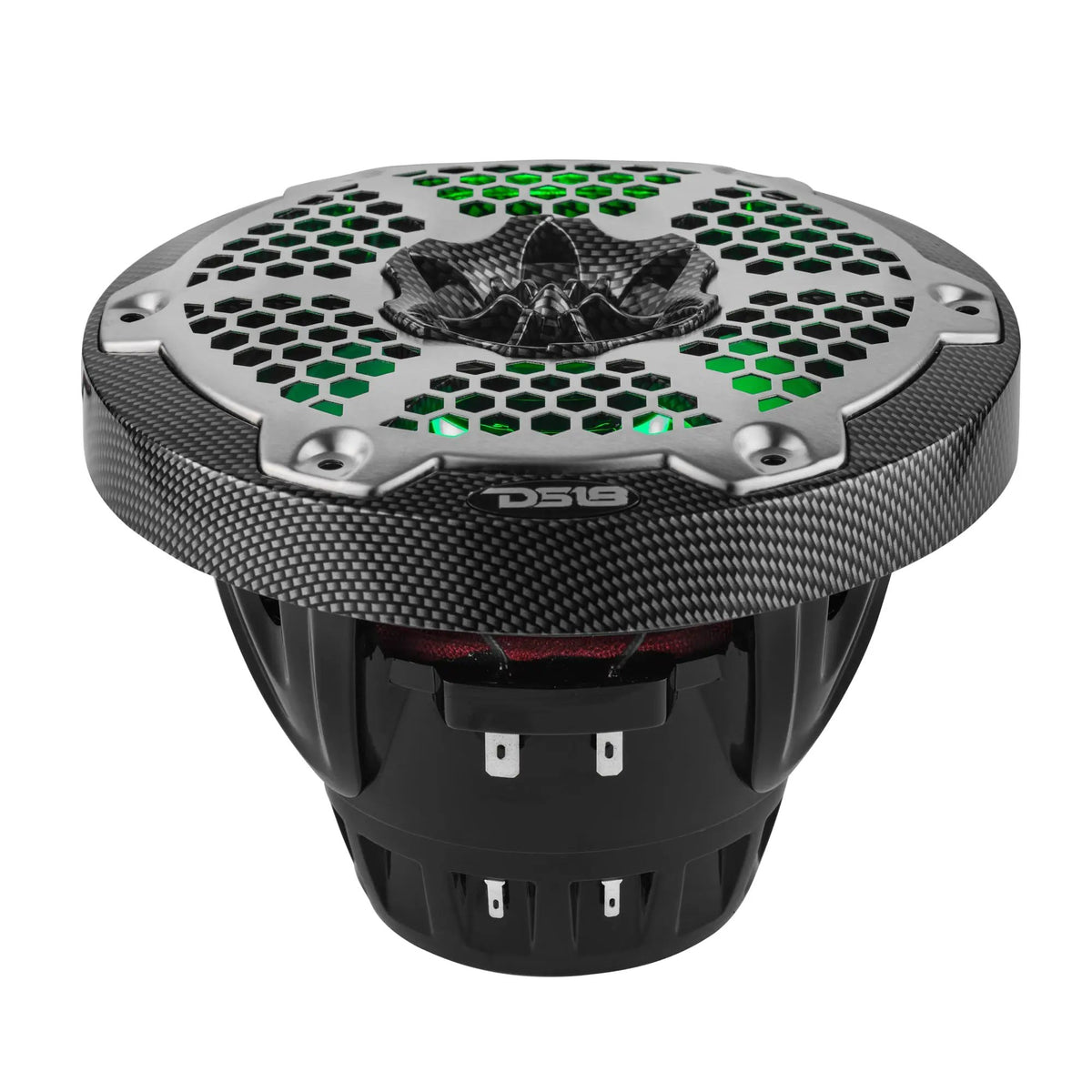Low-angle view of a carbon-fiber-pattern DS18 speaker with green-lit honeycomb grille and deep basket
