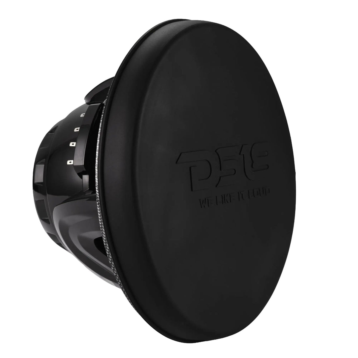 DS18 speaker with a black protective cover fitted over the front and terminals visible behind