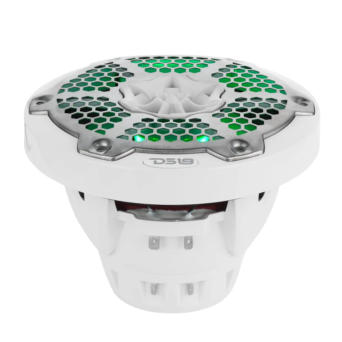 Low-angle view of a white DS18 speaker showing green-lit honeycomb grille and deep basket