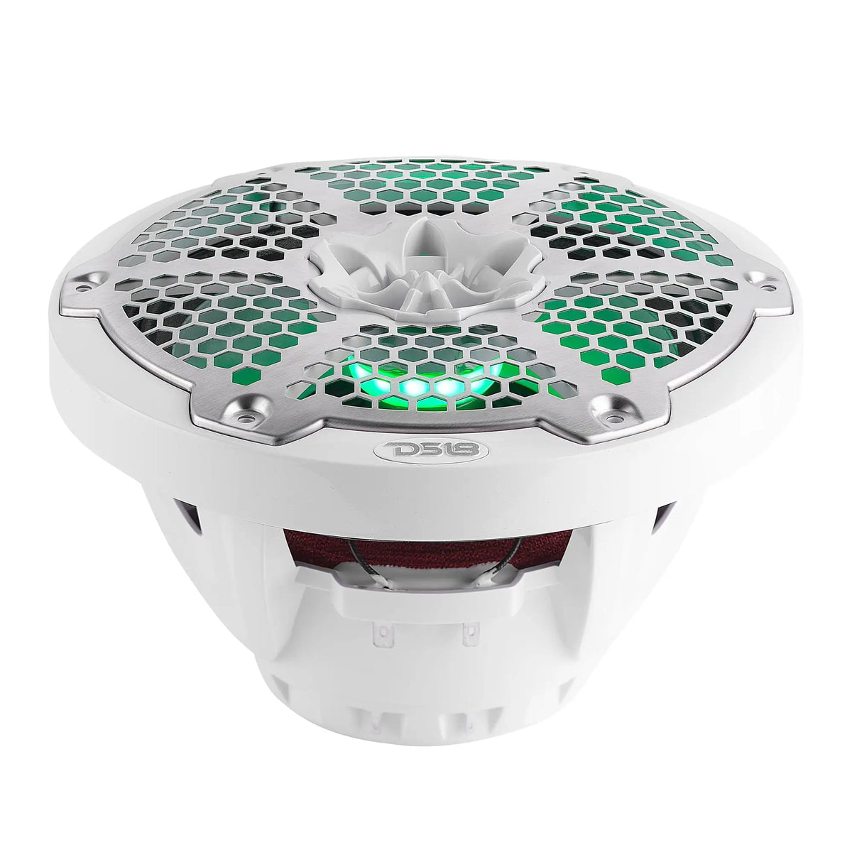 White DS18 speaker with a silver honeycomb grille and green illumination, angled view