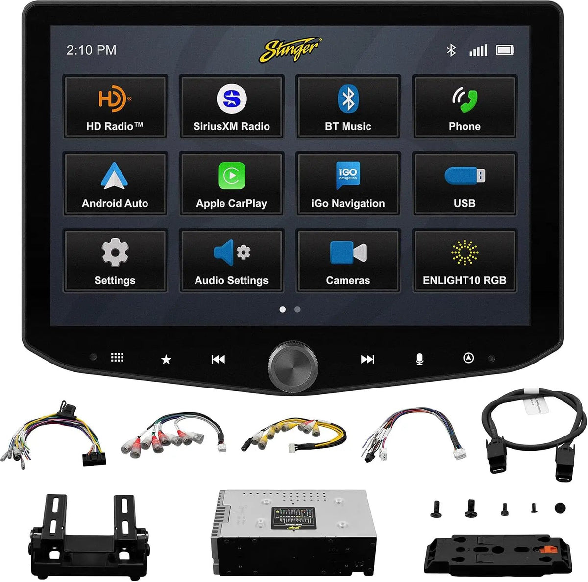 Stinger touchscreen showing its source menu above the receiver chassis, wiring and mounting hardware