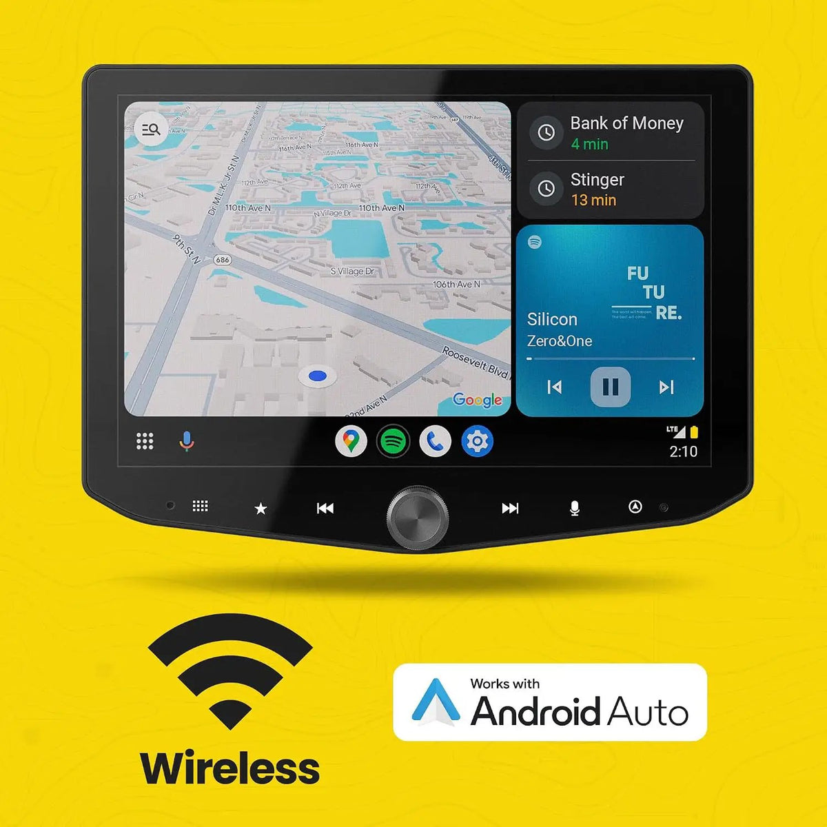 Stinger touchscreen showing navigation and music in a wireless Android Auto graphic