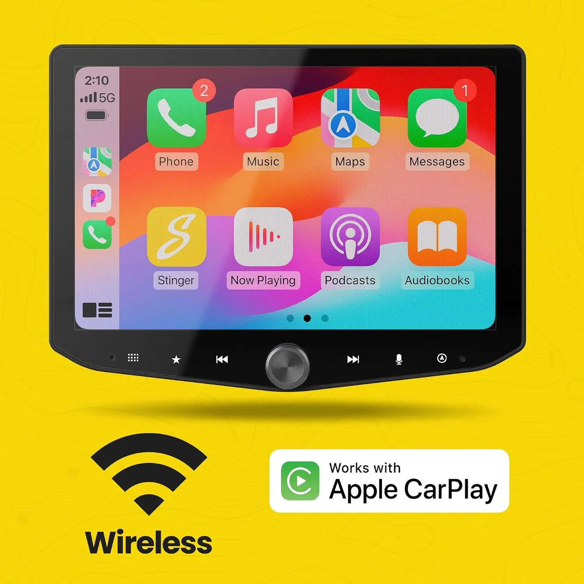Stinger HORIZON10 touchscreen displaying Apple CarPlay apps with a wireless CarPlay callout