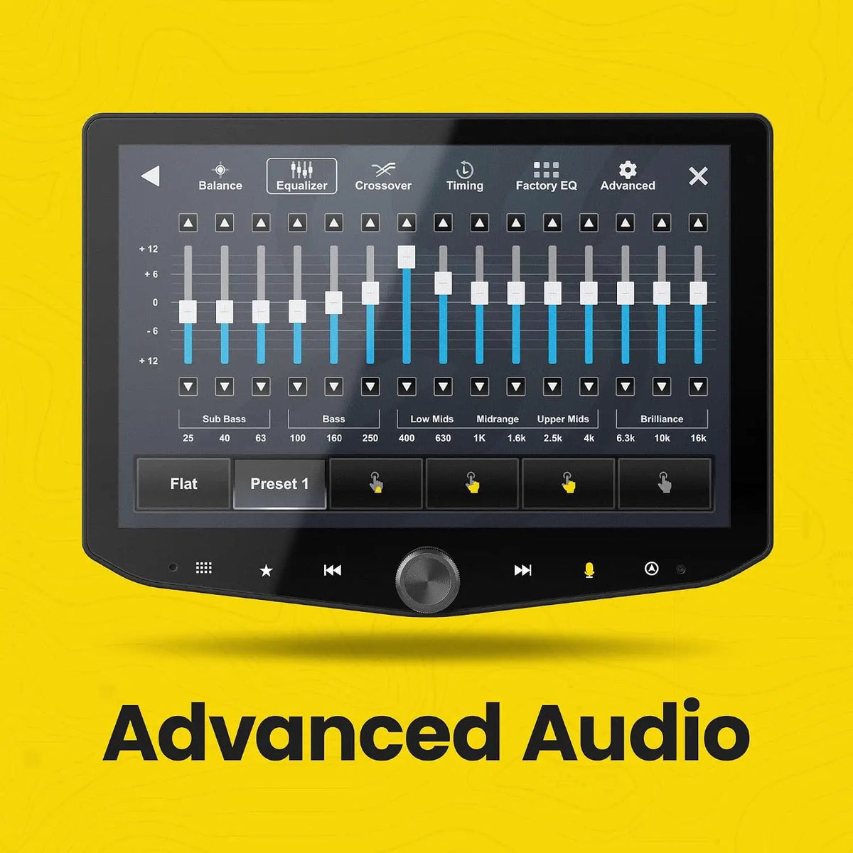 Stinger HORIZON10 touchscreen showing the advanced audio equalizer controls
