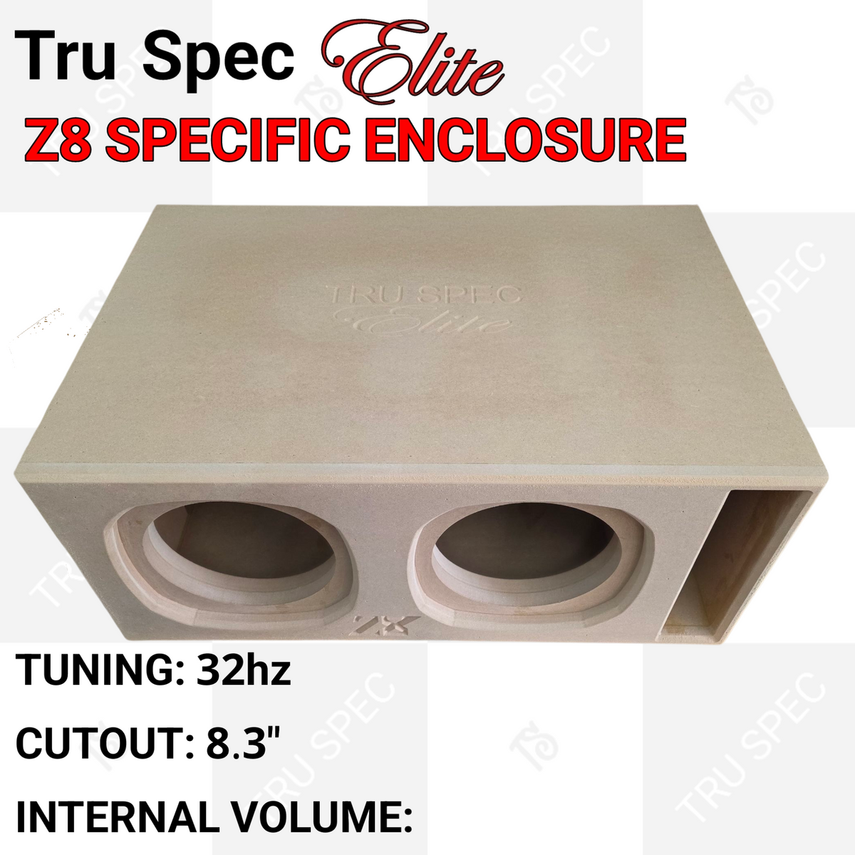 TRU SPEC Elite Z8 dual enclosure viewed from above, showing recessed openings, engraved branding and a slot port
