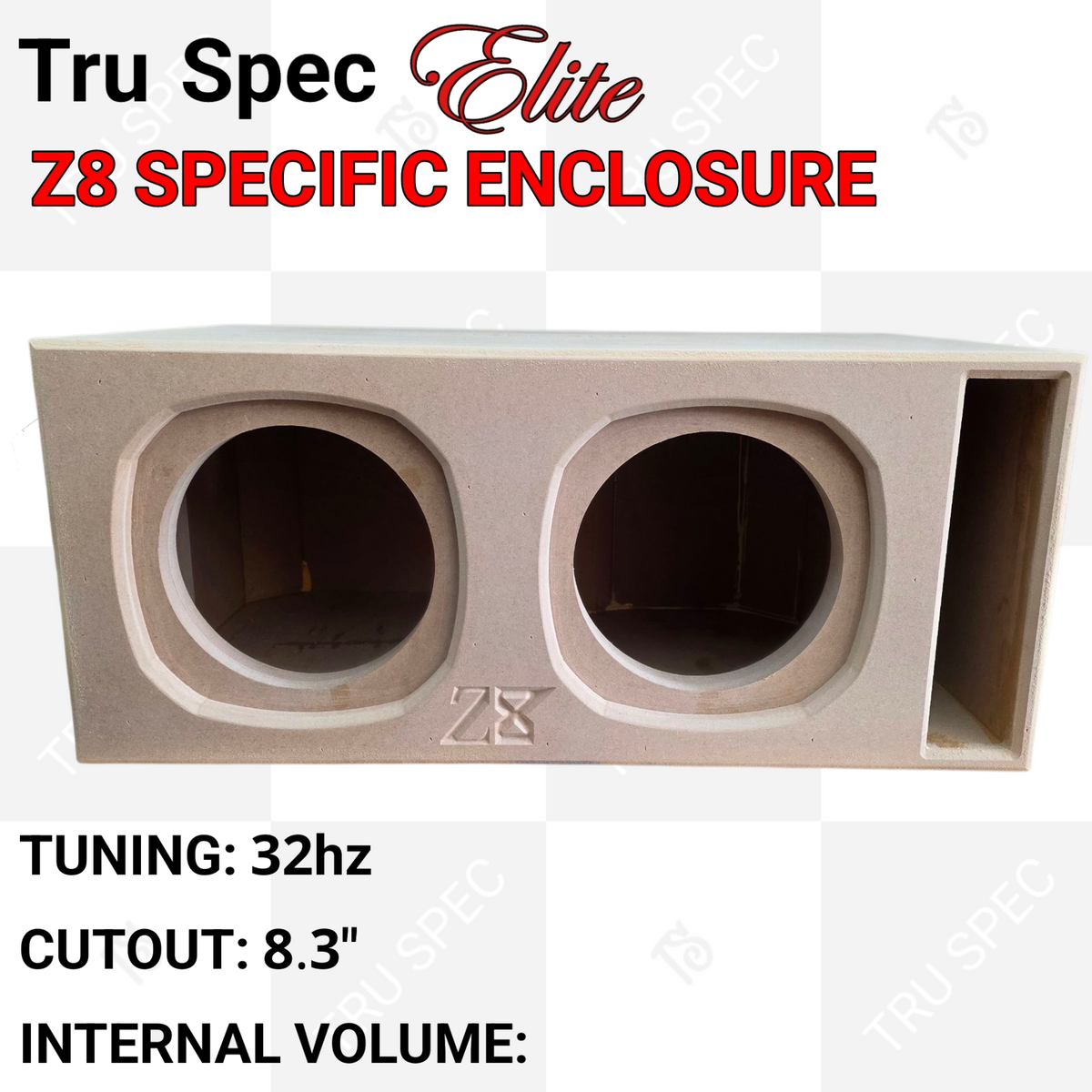 TRU SPEC Elite Z8 dual enclosure graphic showing 32 Hz tuning and 8.3-inch cutouts; internal-volume value is absent