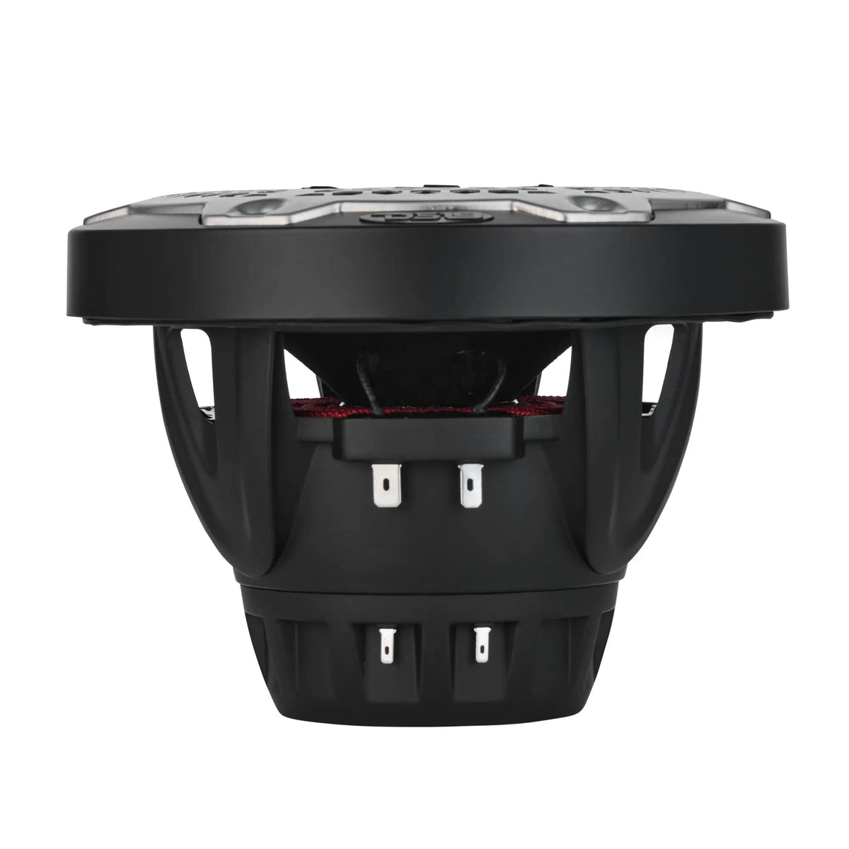 Black speaker with grille, open basket and terminals, side view